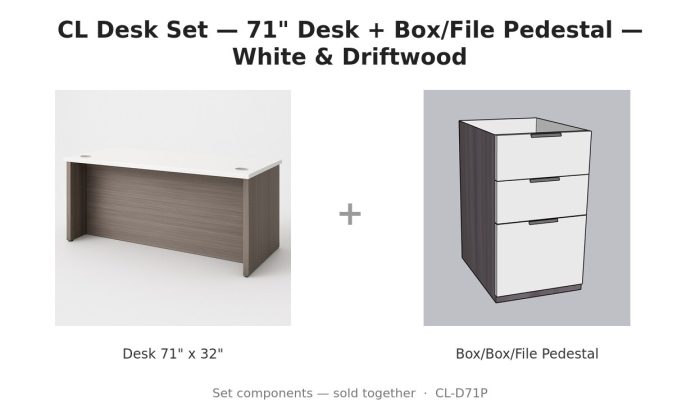 CL Desk Set — 71" Desk + Box/File Pedestal — White & Driftwood