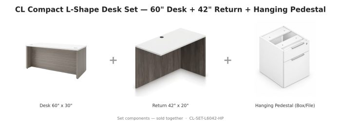 CL Compact L-Shape Desk Set — 60" Desk + 42" Return + Hanging Pedestal — White & Driftwood