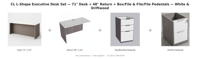 CL L-Shape Executive Desk Set — 71" Desk + 48" Return + Box/File & File/File Pedestals — White & Driftwood
