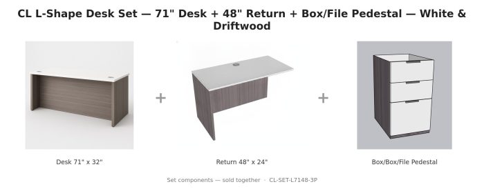 CL L-Shape Desk Set — 71" Desk + 48" Return + Box/File Pedestal — White & Driftwood
