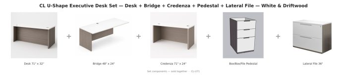 CL U-Shape Executive Desk Set — Desk + Bridge + Credenza + Pedestal + Lateral File — White & Driftwood