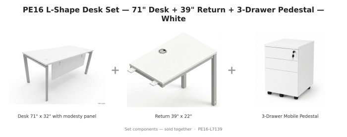 PE16 L-Shape Desk Set — 71" Desk + 39" Return + 3-Drawer Pedestal — White