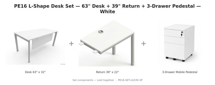 PE16 L-Shape Desk Set — 63" Desk + 39" Return + 3-Drawer Pedestal — White