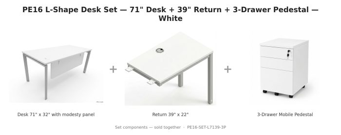 PE16 L-Shape Desk Set — 71" Desk + 39" Return + 3-Drawer Pedestal — White