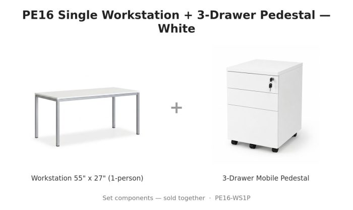 PE16 Single Workstation + 3-Drawer Pedestal