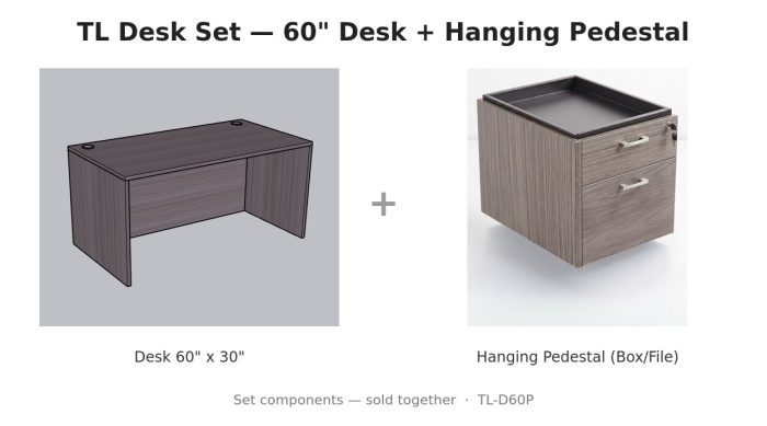 TL Desk Set — 60" Desk + Hanging Pedestal — Driftwood