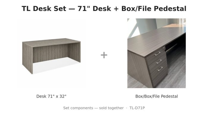 TL Desk Set — 71" Desk + Box/File Pedestal — Driftwood