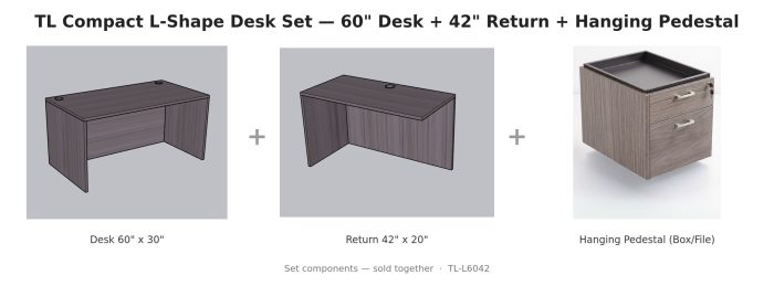 TL Compact L-Shape Desk Set — 60" Desk + 42" Return + Hanging Pedestal — Driftwood