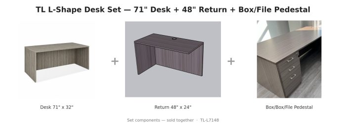TL L-Shape Desk Set — 71" Desk + 48" Return + Box/File Pedestal — Driftwood