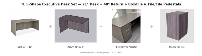 TL L-Shape Executive Desk Set — 71" Desk + 48" Return + Box/File & File/File Pedestals — Driftwood