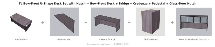 TL Bow-Front U-Shape Desk Set with Hutch — Bow-Front Desk + Bridge + Credenza + Pedestal + Glass-Door Hutch — Driftwood