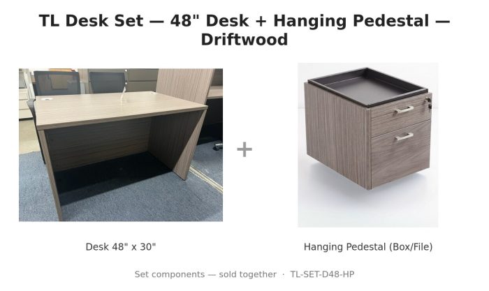 TL Desk Set — 48" Desk + Hanging Pedestal — Driftwood