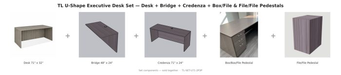 TL U-Shape Executive Desk Set — Desk + Bridge + Credenza + Box/File & File/File Pedestals — Driftwood