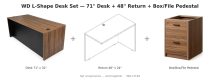 WD L-Shape Desk Set — 71" Desk + 48" Return + Box/File Pedestal — Walnut & Black